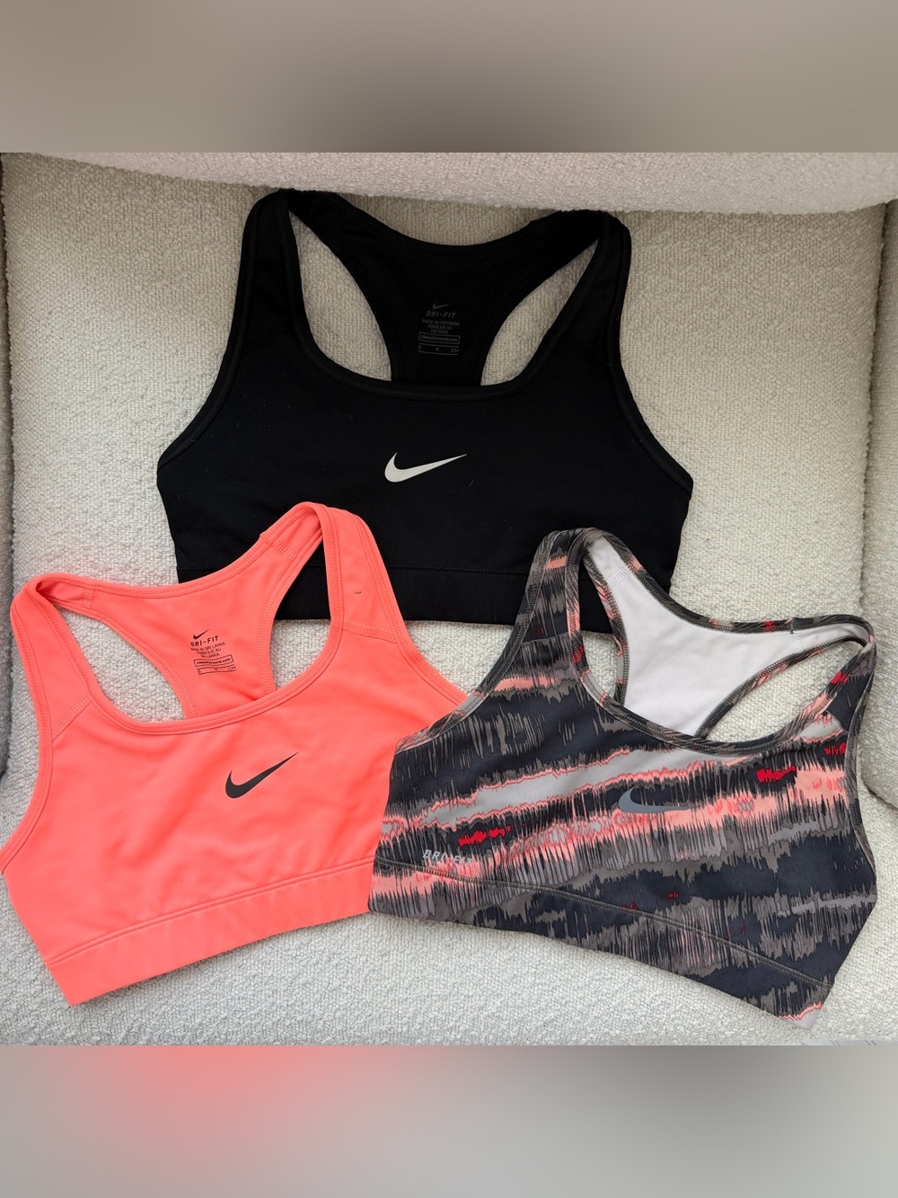 Nike Sports Bra Trio - Black, Coral, Patterned Multi Color NWOT